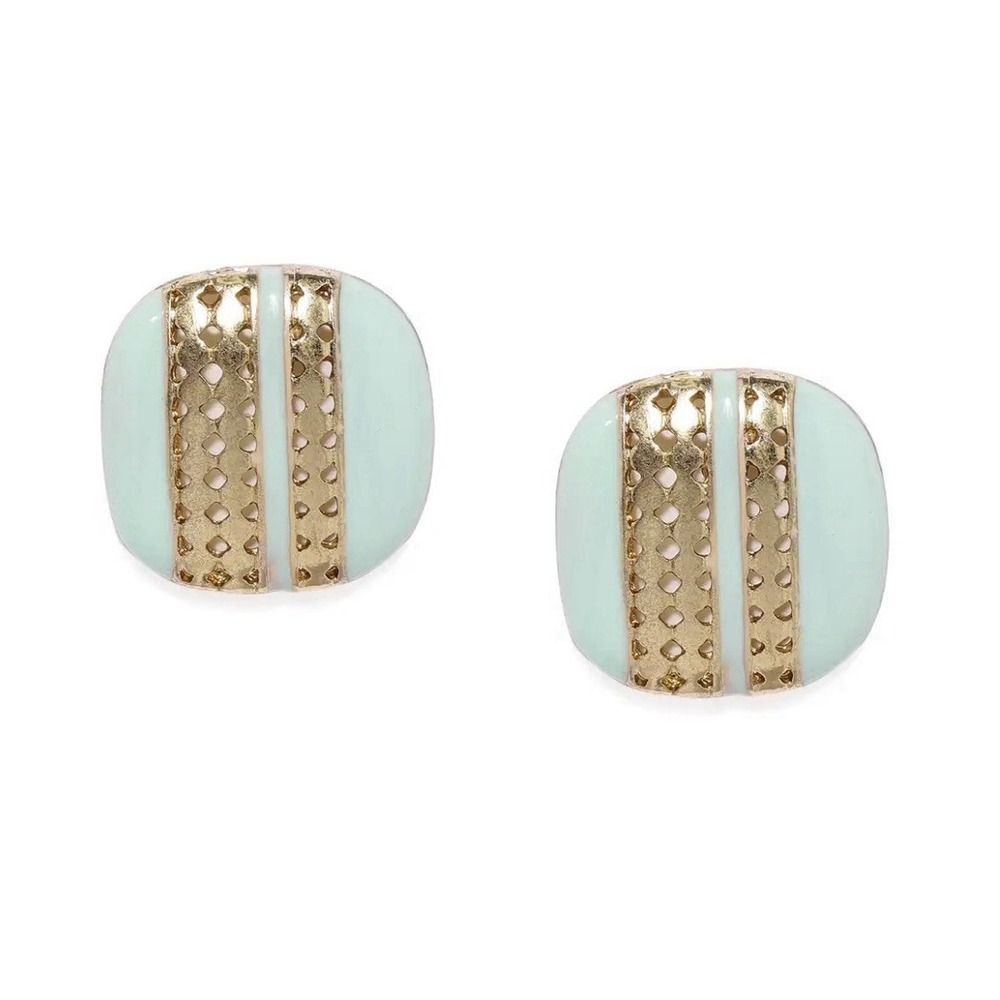 80s Vintage Womens Mint Green Gold Tone Square Mesh Stripe Pierced Stud Earrings